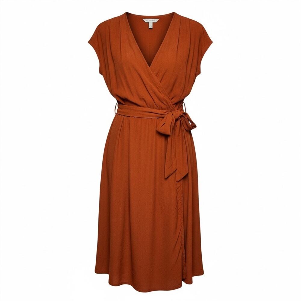 Maeve Anthropologie Wrap Dress Rust Orange Short Sleeve Tie Waist Boho Resort M